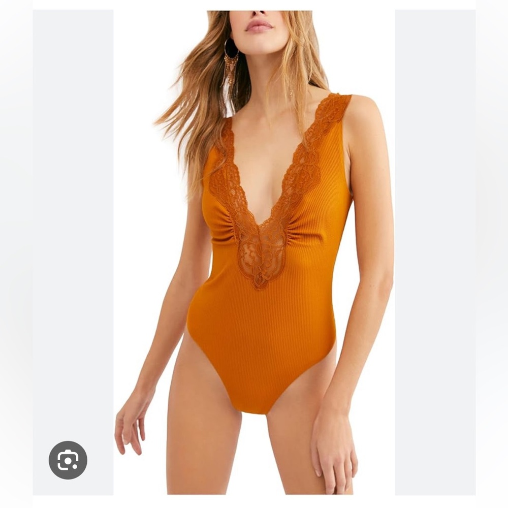 Free People Mustard Gold lace deep v neck body suit